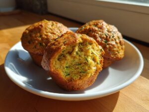 Three golden brown zucchini muffins on a white plate, one split open showing the moist interior and green shreds of zucchini.