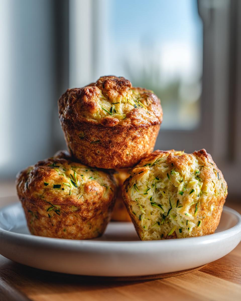A stack of three golden-brown zucchini muffins, with one broken open showing shredded zucchini inside.
