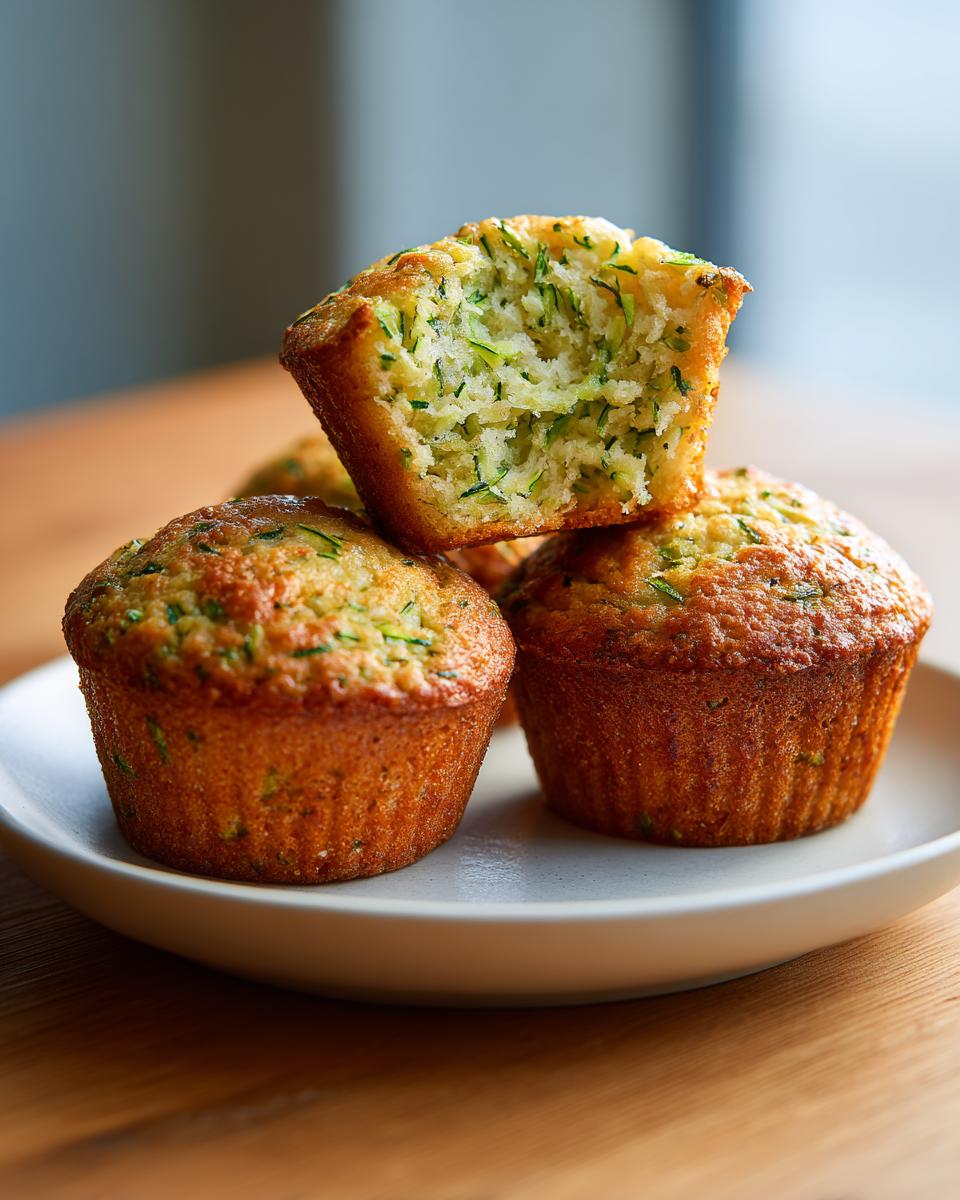 Three golden brown zucchini muffins stacked on a plate, with the top one broken open revealing the moist interior filled with shredded zucchini.