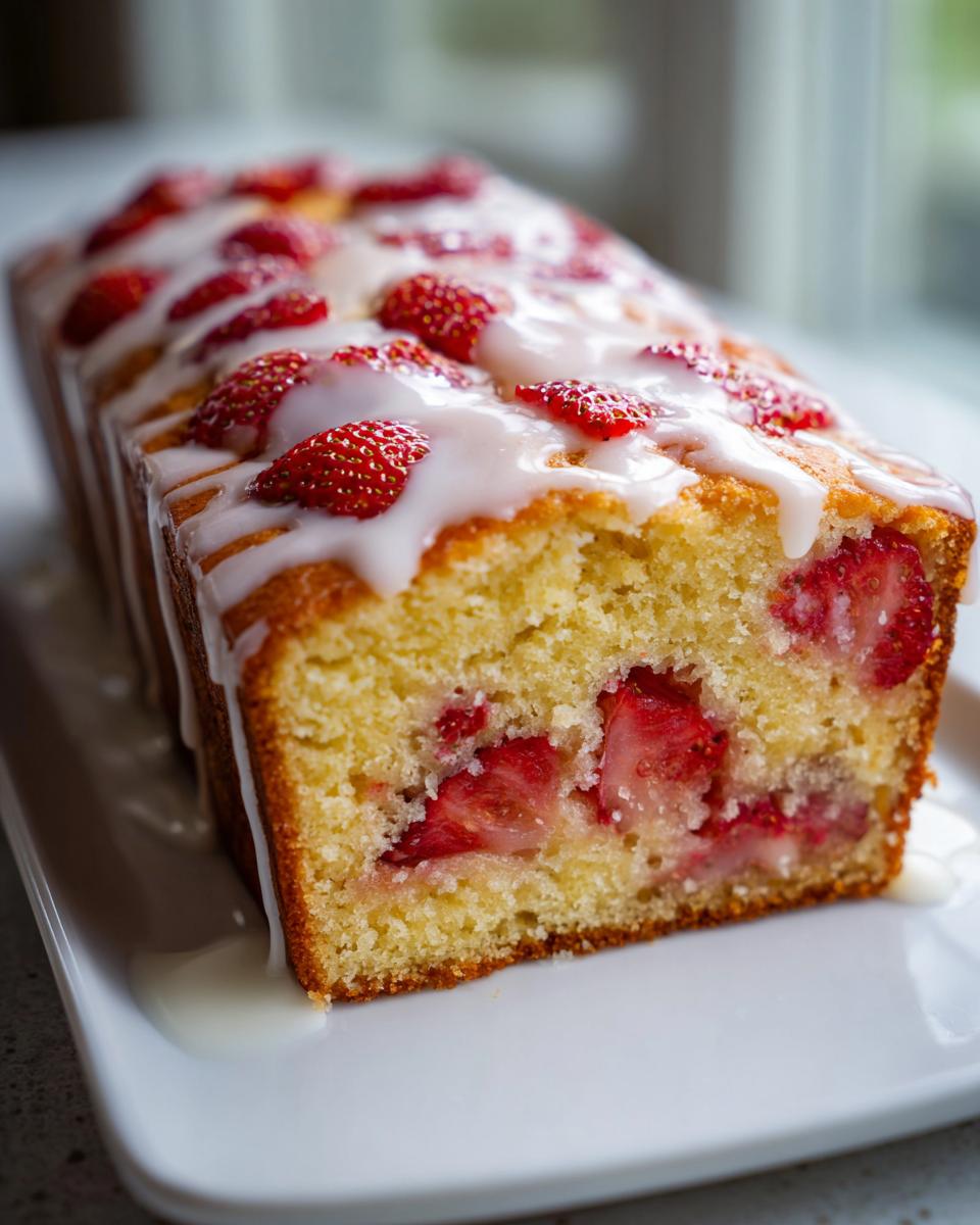 A close-up of a freshly baked Mother's Day Strawberry Bread loaf, topped with white glaze and sliced strawberries.