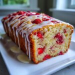 A freshly baked loaf of Mother's Day Strawberry Bread, topped with sliced strawberries and white icing drizzle.