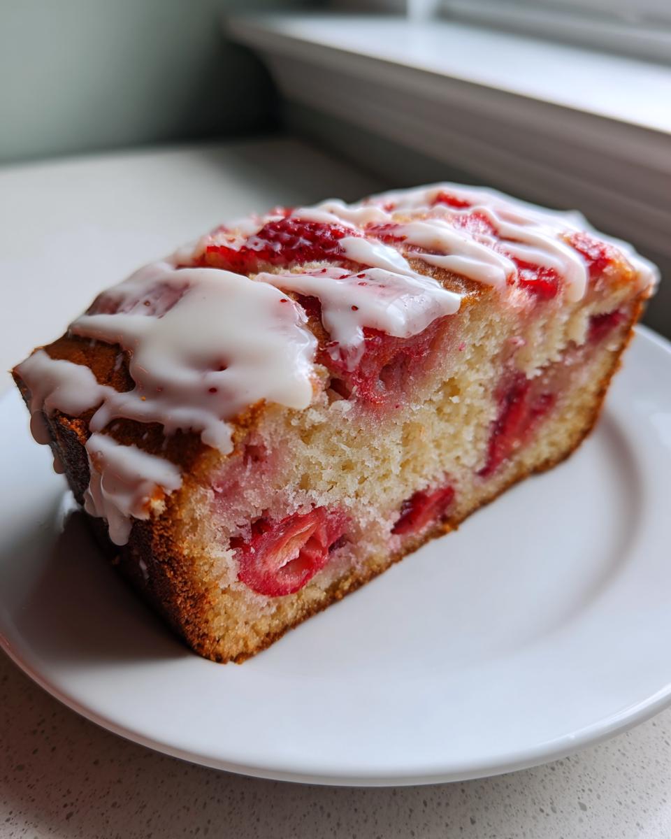 Close-up of a slice of moist Mother's Day Strawberry Bread topped with white vanilla glaze.