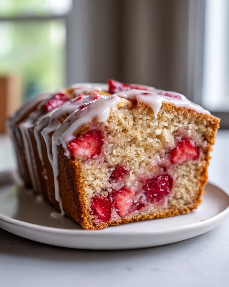 Close-up of a slice of Mother's Day Strawberry Bread showing moist crumb and fresh strawberries, drizzled with white glaze.