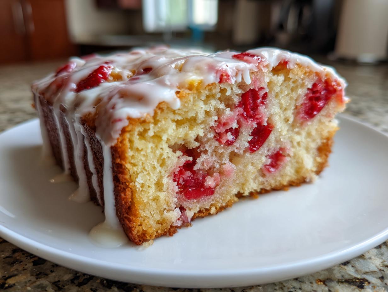 A close-up slice of moist Mother's Day Strawberry Bread, studded with red fruit and topped with a thick white glaze.