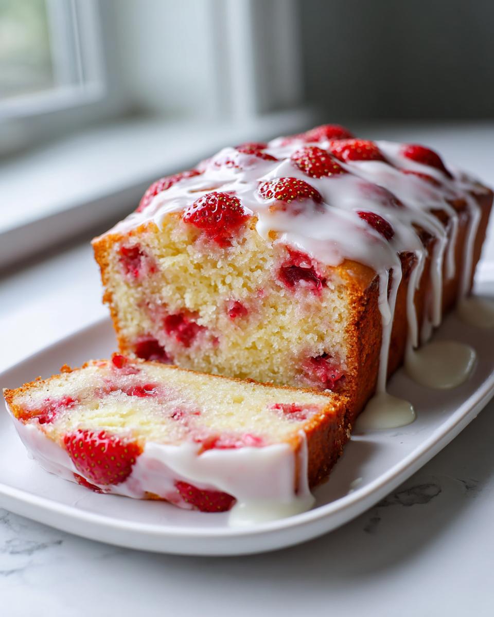 A loaf of Mother's Day Strawberry Bread, partially sliced, topped with fresh strawberries and a thick white glaze.