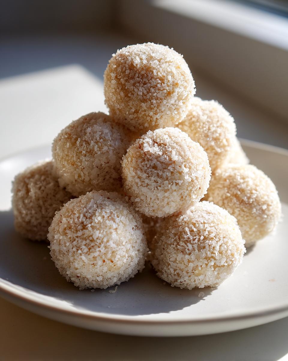A stack of homemade margarita balls coated in shredded coconut, displayed on a light gray plate near a window.
