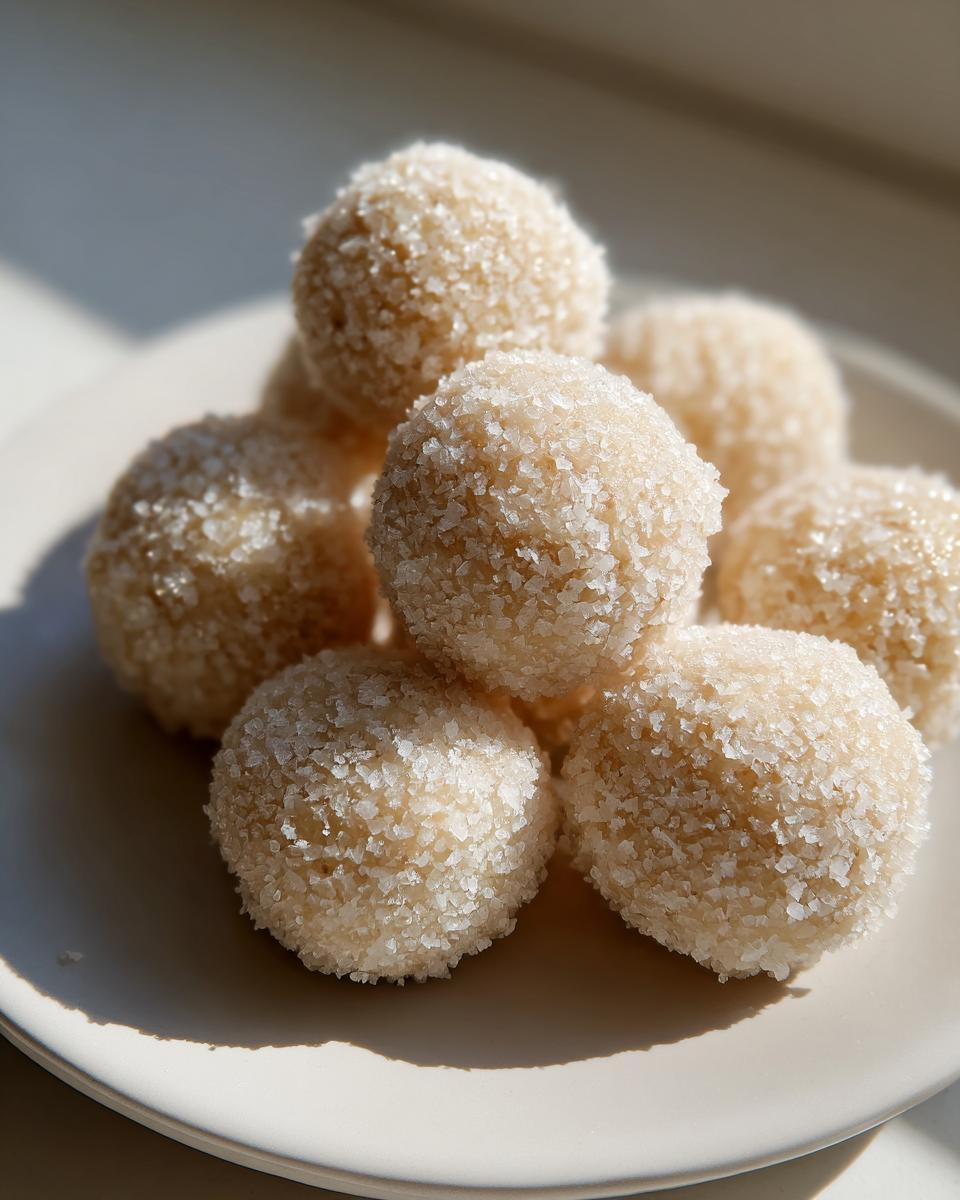 A stack of sweet, no-bake margarita balls heavily coated in coarse sugar crystals on a light plate.