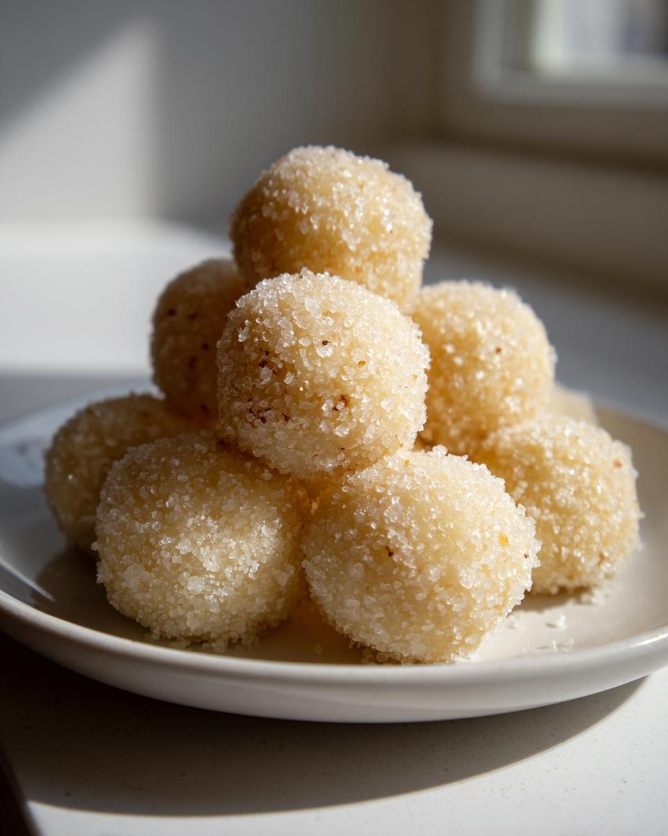 A stack of homemade no-bake margarita balls coated generously in sparkling white sugar crystals.