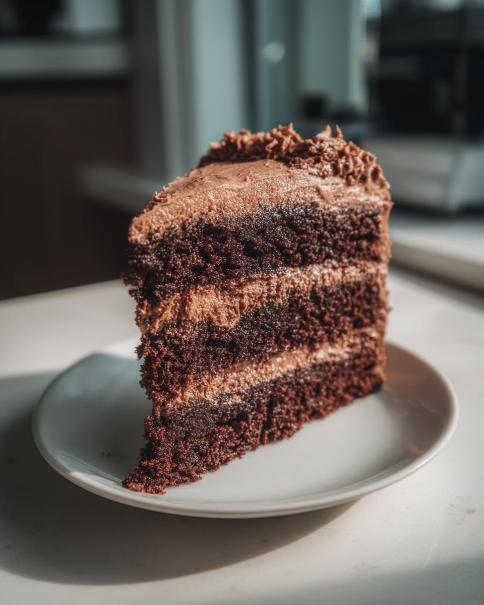 A tall, decadent slice of multi-layered chocolate cake with rich frosting, ready to eat.
