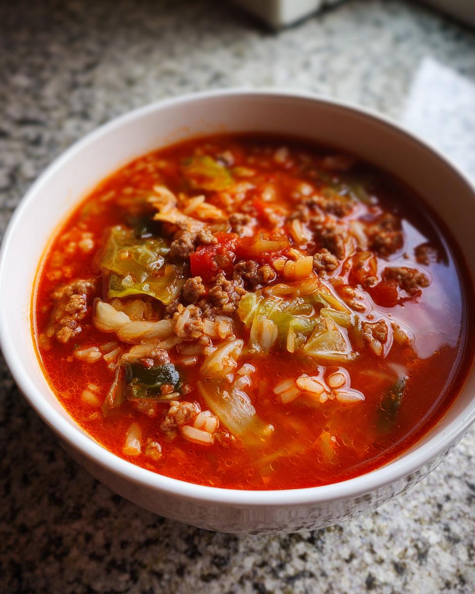 Close-up of a white bowl filled with rich, red Golumpki Soup containing ground meat, rice, and chunks of cabbage.