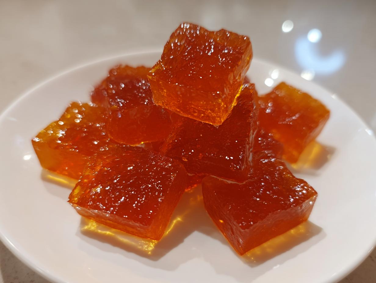 Close-up of several shiny, square, orange Probiotic Gummy Jello bites stacked on a small white plate.