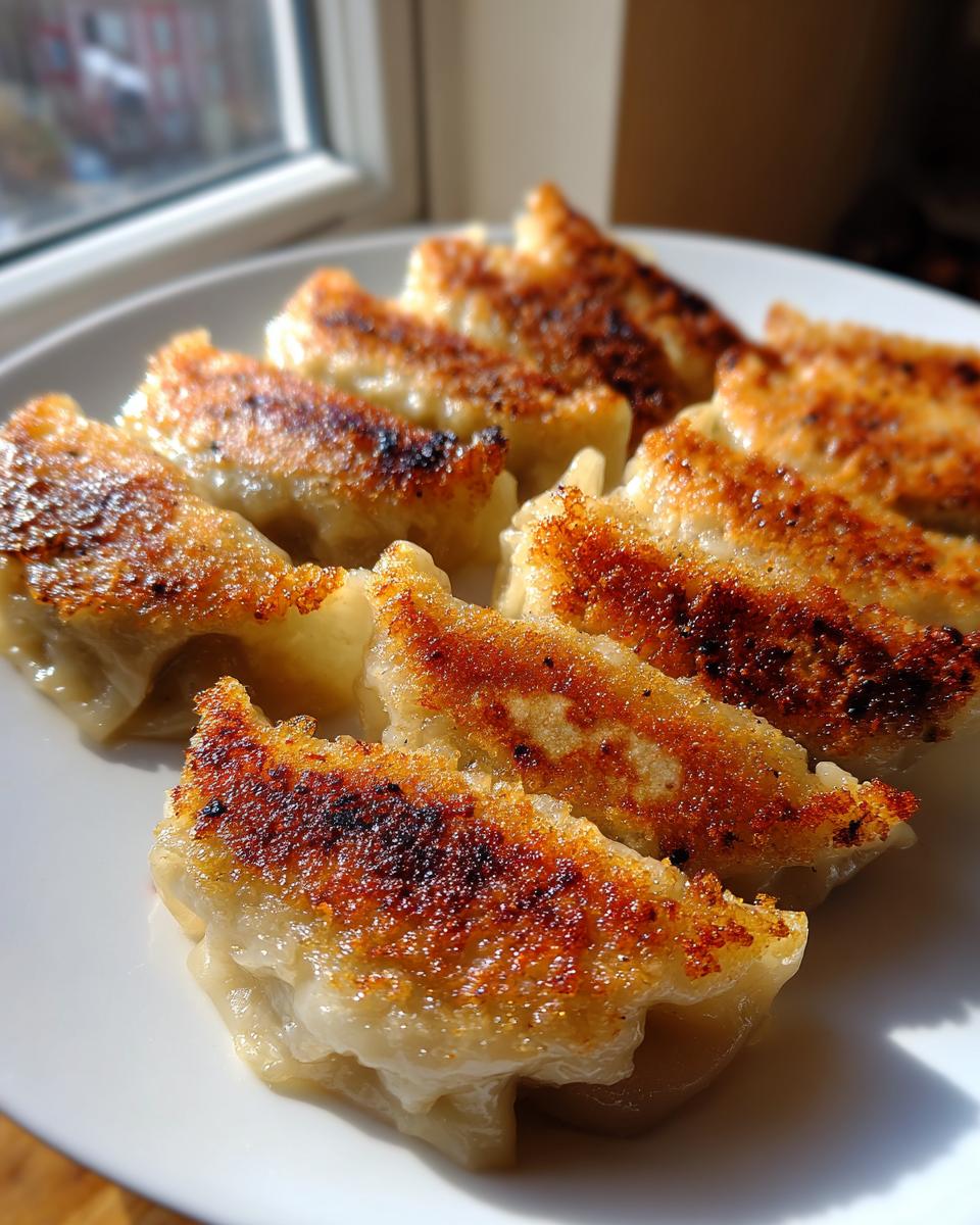 A close-up of several pan-fried Cabbage Dumplings with crispy, golden-brown bottoms resting on a white plate near a window.