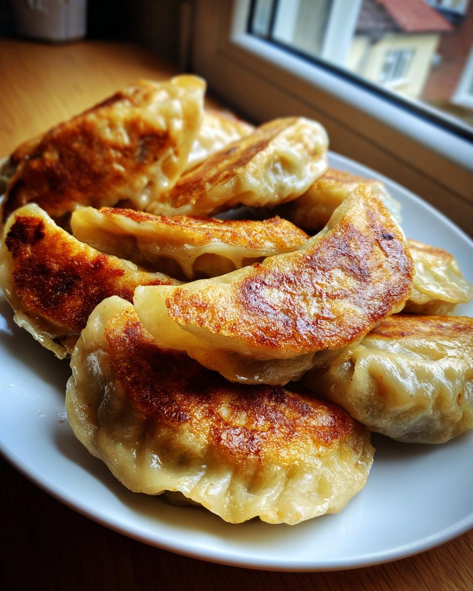 A close-up of several golden-brown, pan-fried Cabbage Dumplings piled high on a white plate near a window.