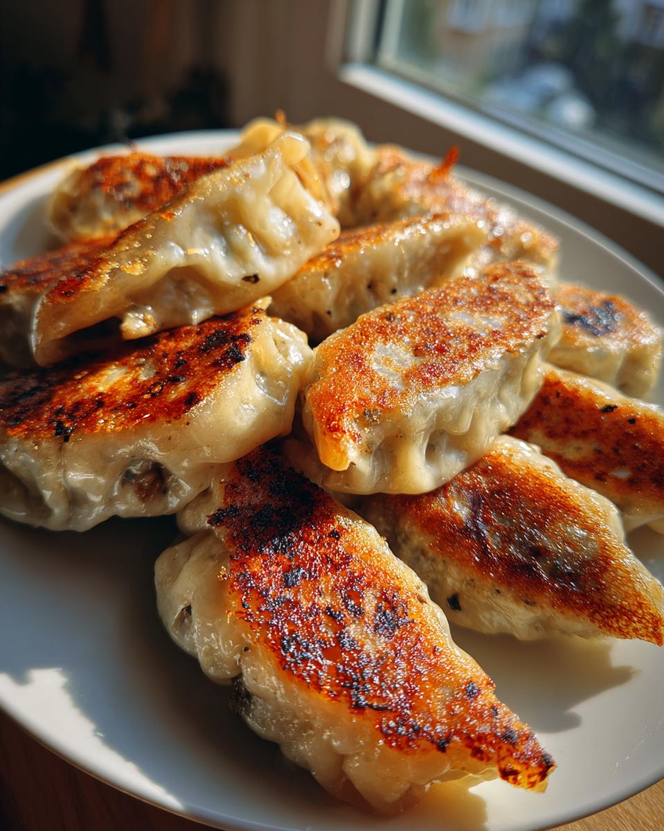 A close-up of several golden-brown, pan-fried Cabbage Dumplings piled on a white plate near a window.