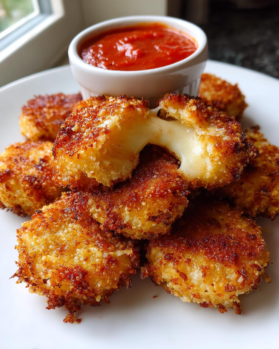 A pile of golden brown parmesan mozzarella cheese bites, one broken open showing a cheese pull, served with marinara sauce.