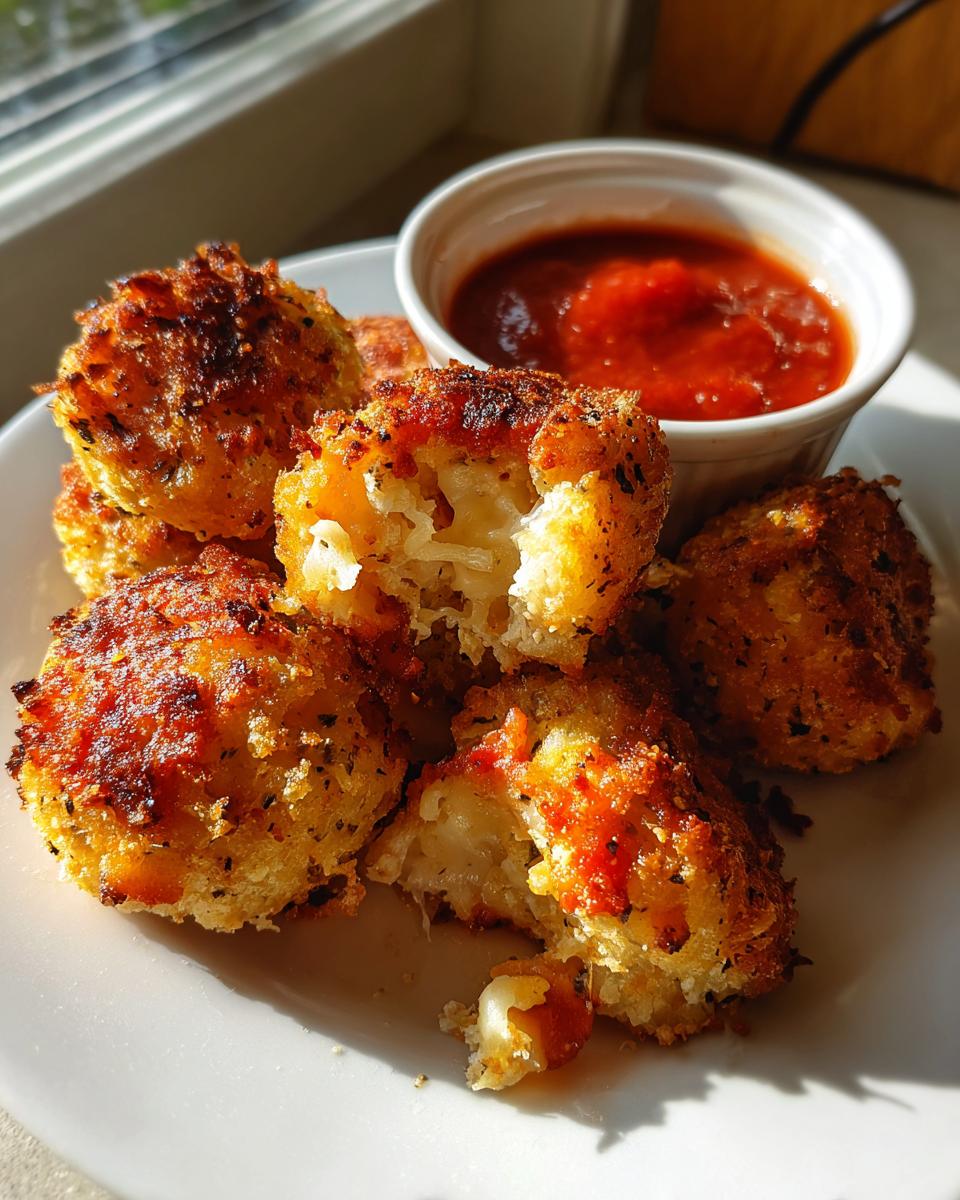 A plate of crispy, golden parmesan mozzarella cheese bites, one broken open showing the melted cheese interior, served with a side of marinara sauce.