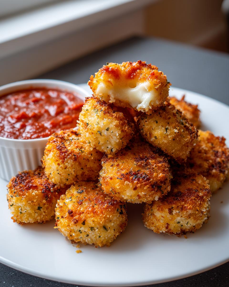 A stack of golden brown parmesan mozzarella cheese bites, one broken open showing melted cheese, served with marinara sauce.