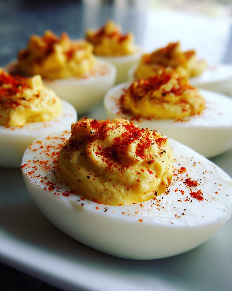 Close-up of perfectly piped paula deen deviled eggs halves sprinkled generously with bright red paprika.