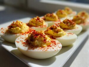 Close-up of perfectly piped paula deen deviled eggs sprinkled generously with bright red paprika on a white serving platter.