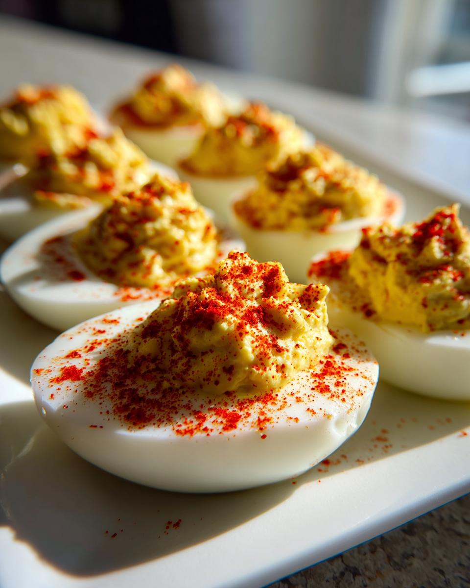 Close-up of several finished paula deen deviled eggs garnished generously with bright red paprika on a white platter.