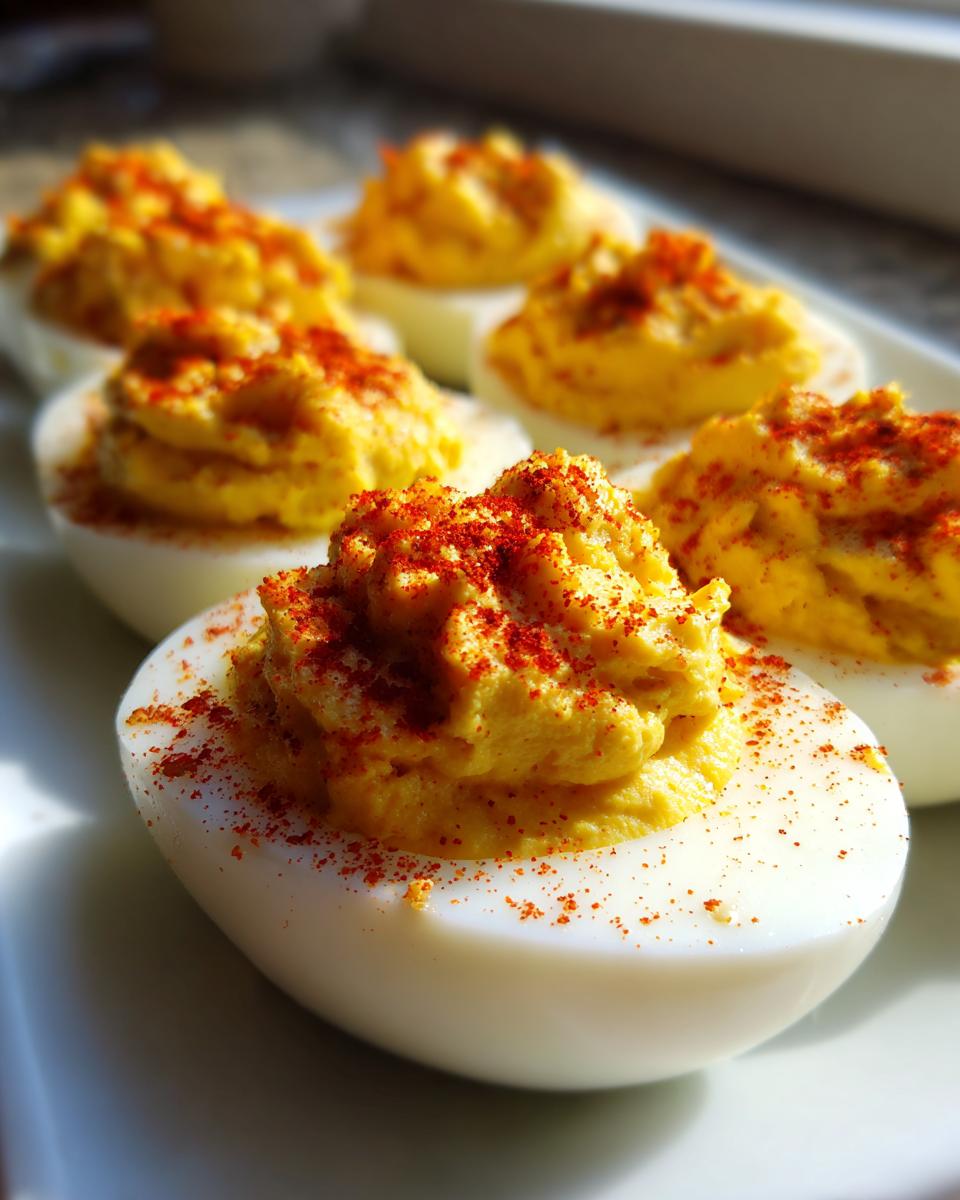 A close-up of several paula deen deviled eggs, piped high with yellow filling and sprinkled generously with red paprika.