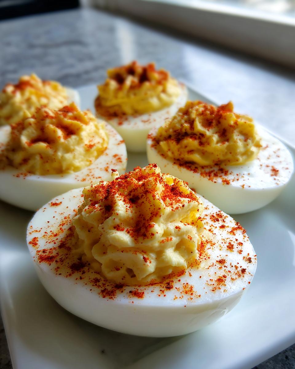 Close-up of several finished paula deen deviled eggs, featuring piped yolk filling and a dusting of bright red paprika.