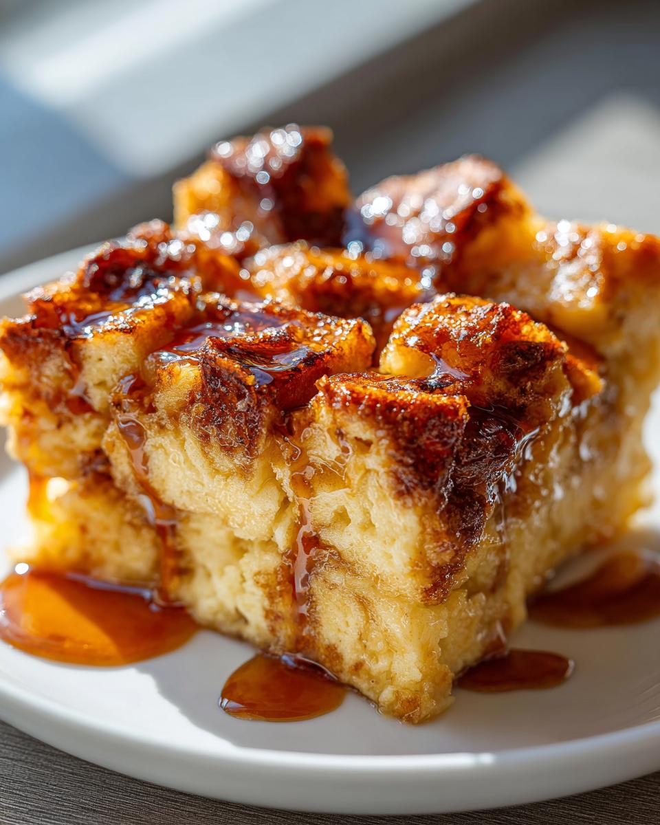 Close-up of a square serving of Paula Deen Overnight French Toast Casserole drizzled generously with syrup.