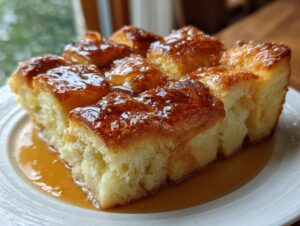 A close-up of squares of Paula Deen Overnight French Toast Casserole, soaked in rich, glossy syrup on a white plate.