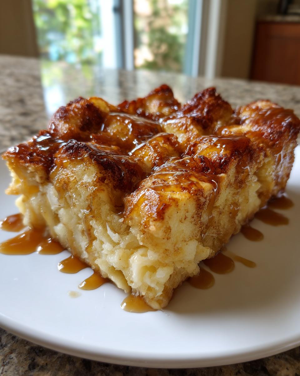 A close-up of a moist slice of Paula Deen Overnight French Toast Casserole drizzled with caramel sauce.