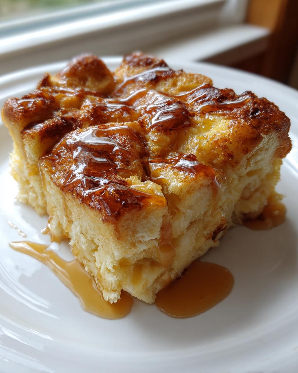 Close-up of a square serving of Paula Deen Overnight French Toast Casserole drizzled with syrup on a white plate.