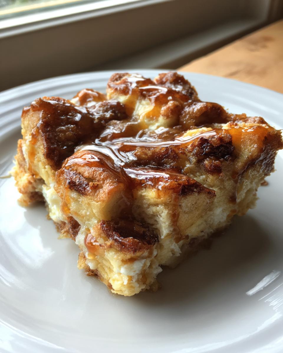 A close-up of a square serving of Paula Deen Overnight French Toast Casserole topped with rich caramel sauce.