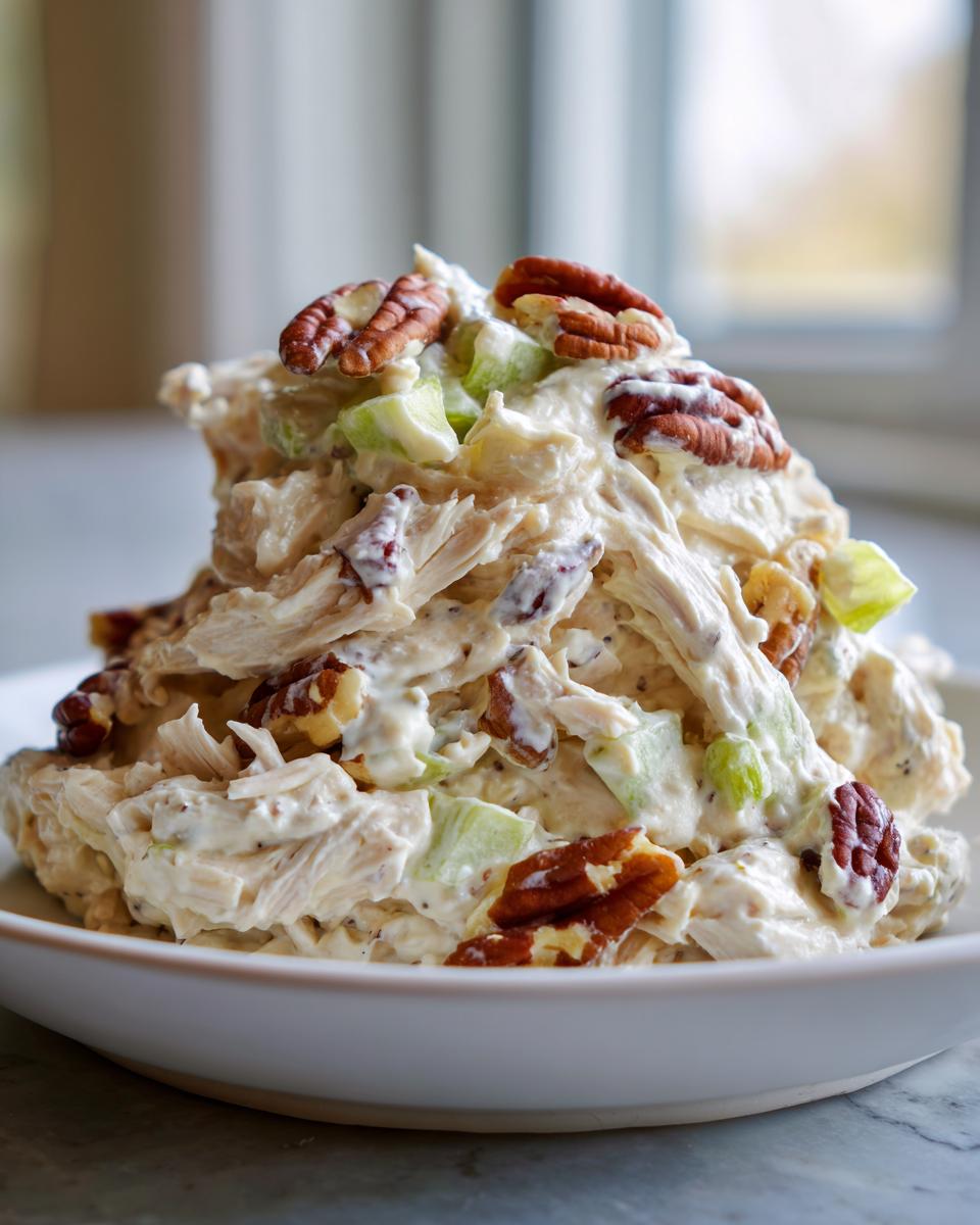 A mound of creamy chicken salad recipe mixed with celery and topped generously with whole pecans, served in a white bowl.