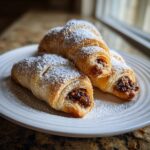 Three golden brown Pecan Pie Crescents dusted heavily with powdered sugar, resting on a white plate.