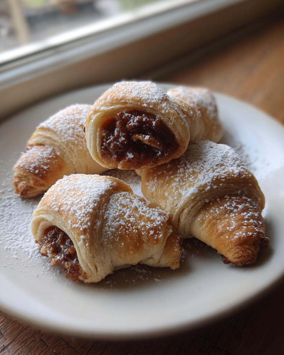 Four golden-brown Pecan Pie Crescents, dusted with powdered sugar, served on a white plate.