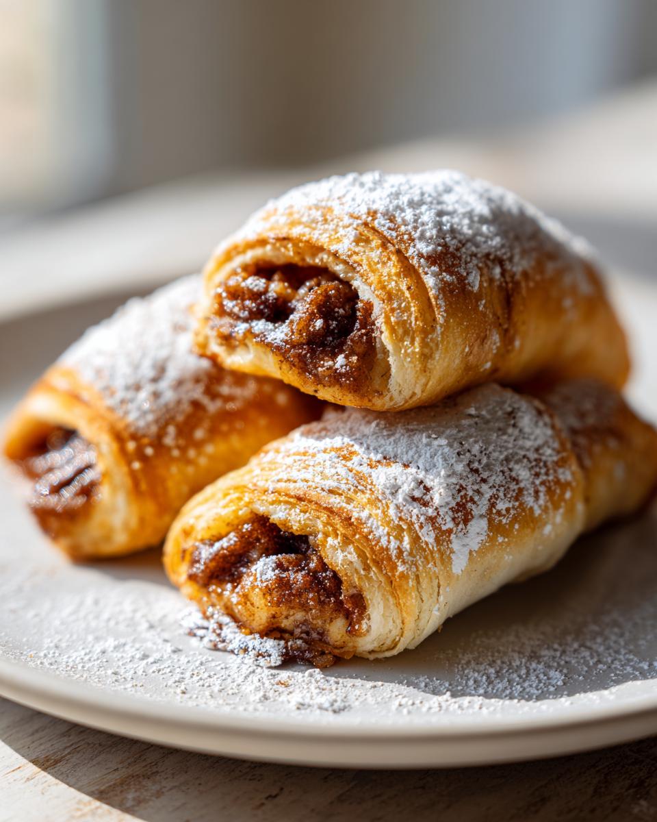 Close-up of three golden Pecan Pie Crescents stacked on a white plate, generously dusted with powdered sugar.