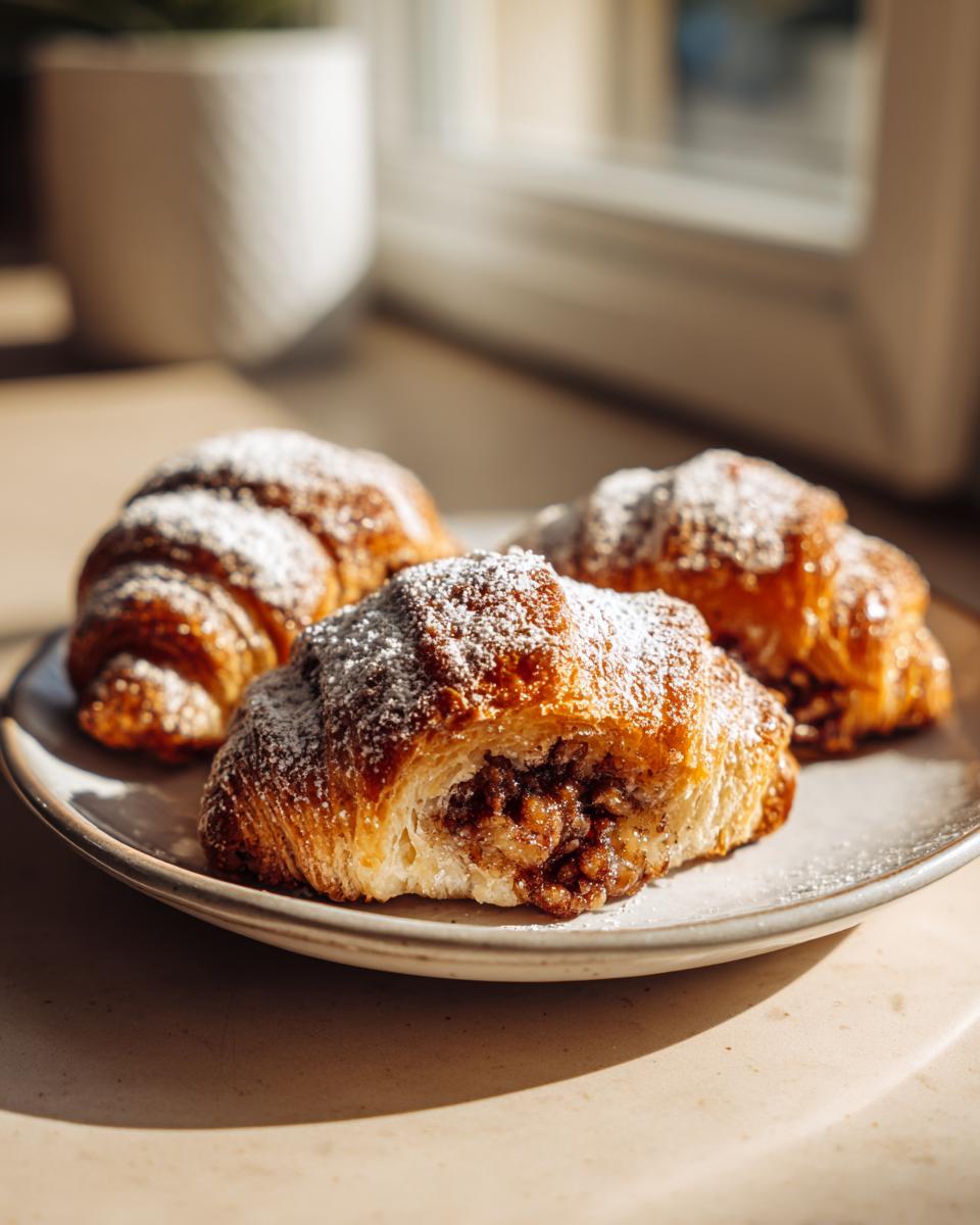 Three golden brown Pecan Pie Crescents dusted with powdered sugar on a plate, one cut open showing the pecan filling.