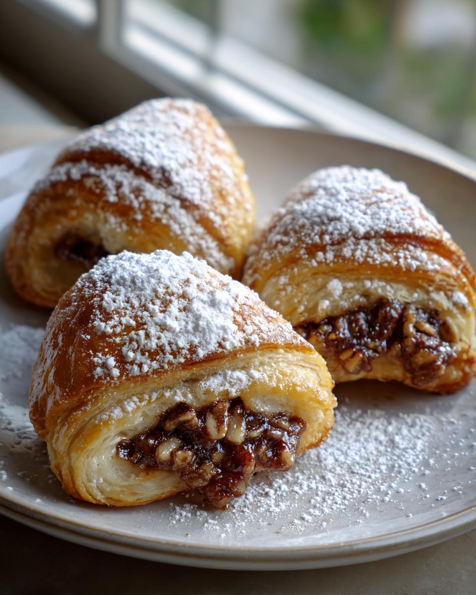 Three golden-brown Pecan Pie Crescents filled with gooey pecan mixture, dusted heavily with powdered sugar on a light plate.