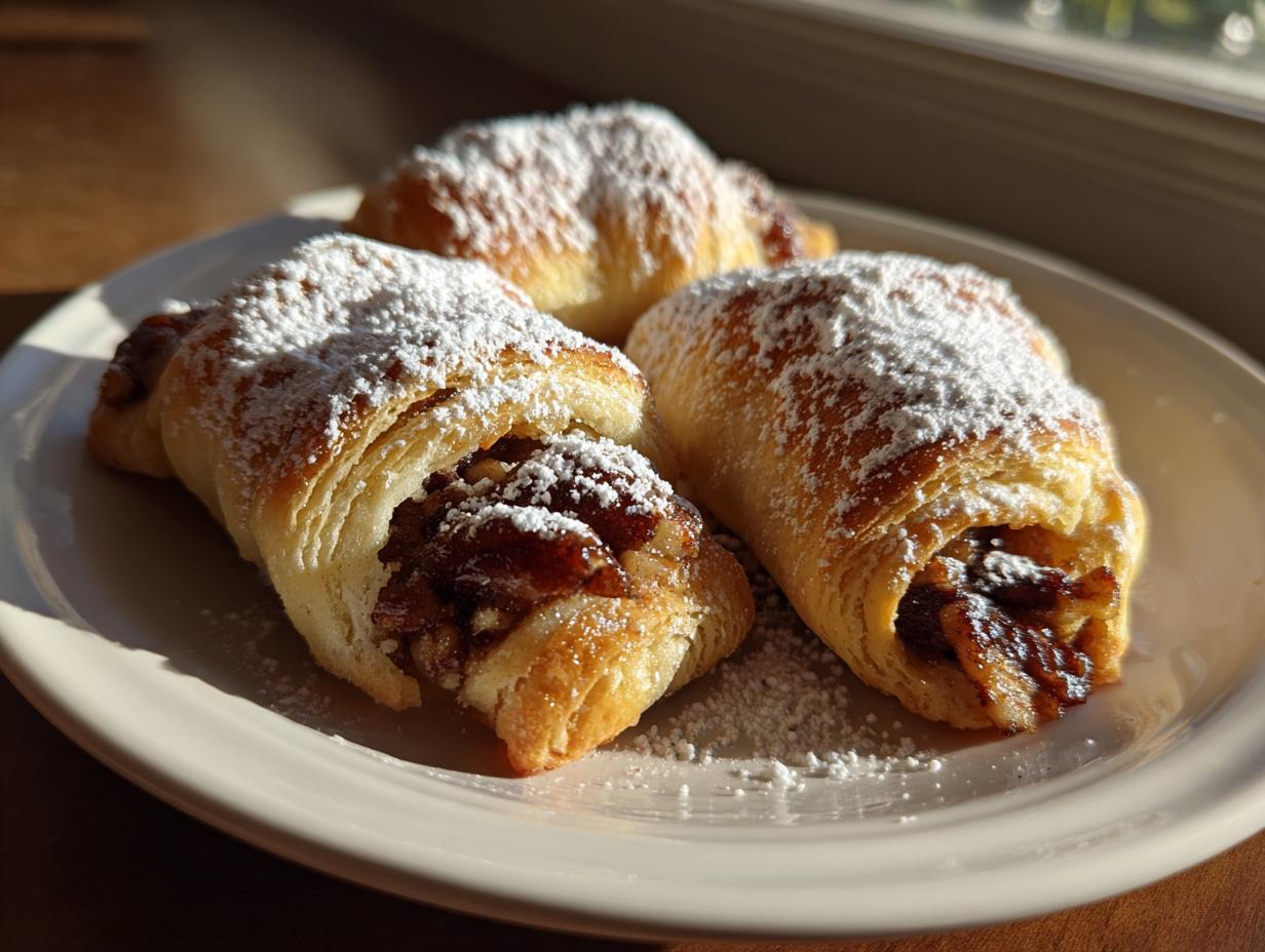 Three golden Pecan Pie Crescents filled with pecan mixture and heavily dusted with powdered sugar, sitting on a white plate.
