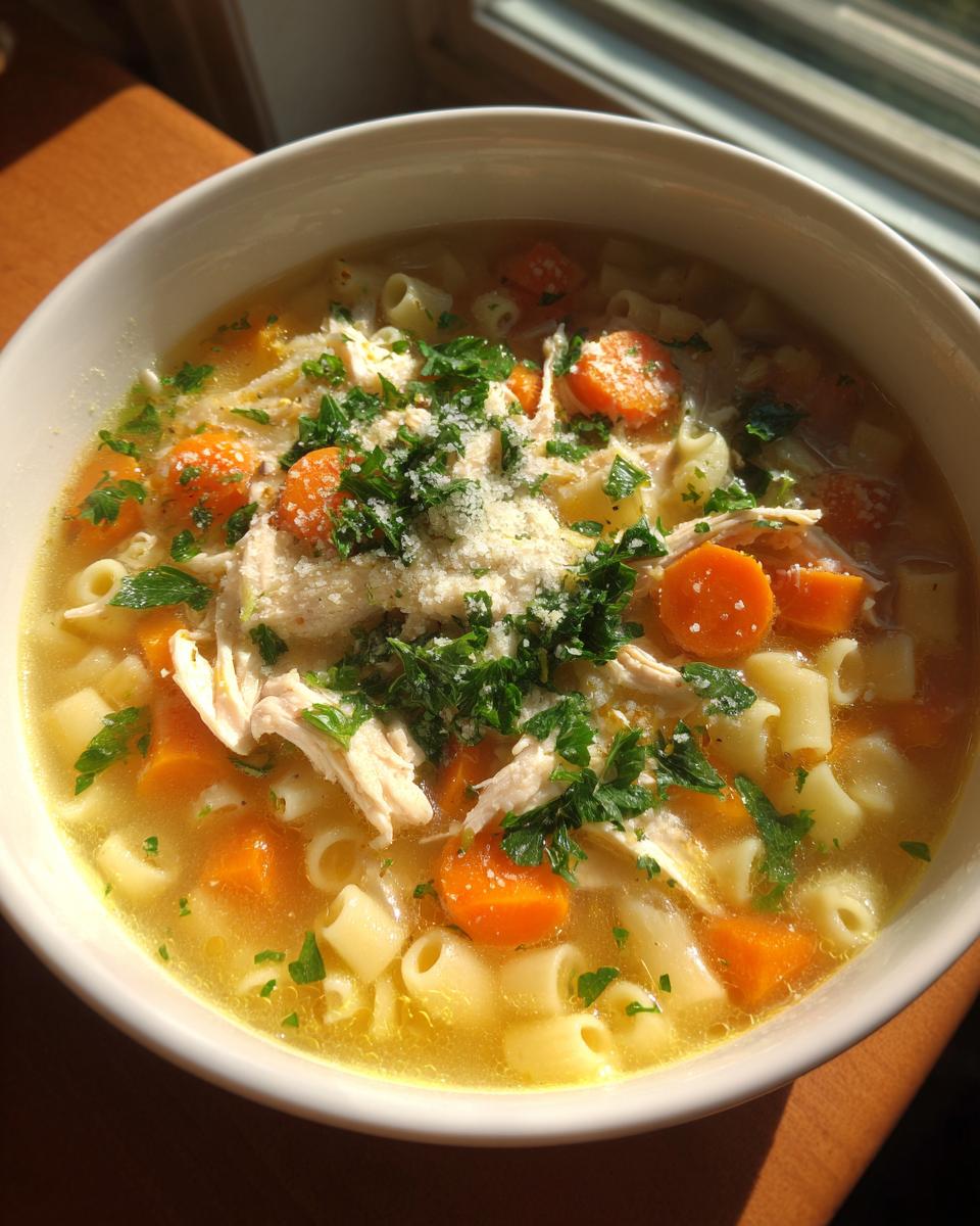Close-up of a warm bowl of penicillin soup featuring shredded chicken, ditalini pasta, carrots, and topped with parsley and Parmesan.