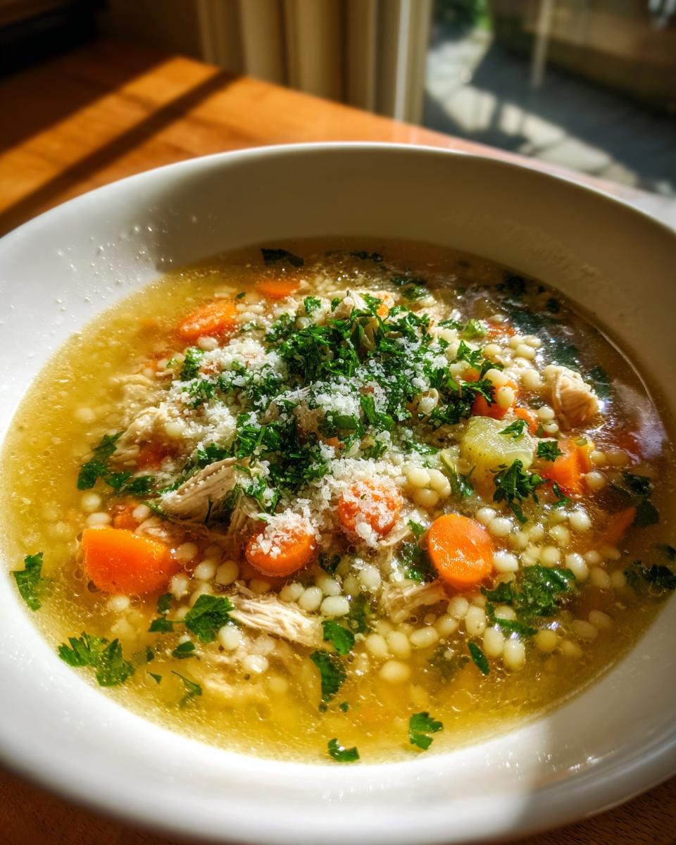 Close-up of a warm bowl of penicillin soup featuring shredded chicken, acini di pepe pasta, carrots, and topped with parsley and Parmesan.