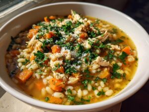 Close-up of a white bowl filled with warm penicillin soup, featuring orzo pasta, shredded chicken, carrots, and topped with parsley and Parmesan.