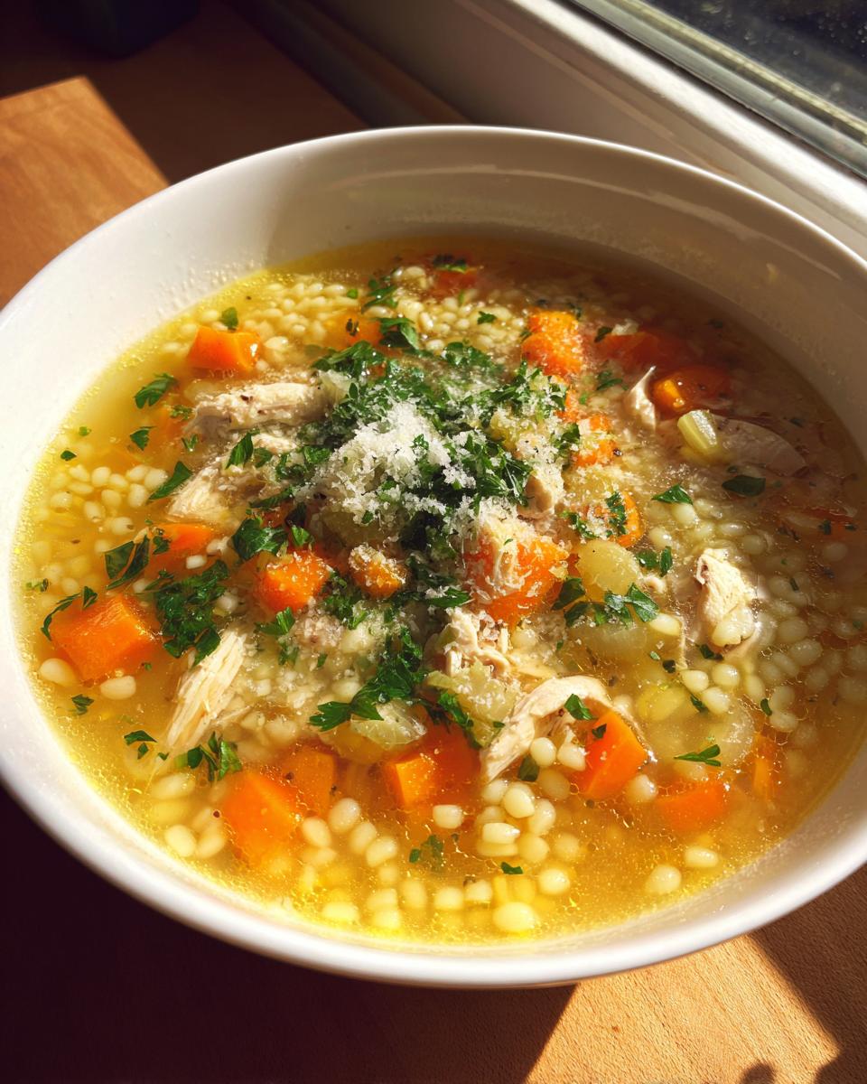 Close-up of a warm bowl of penicillin soup featuring small pasta, shredded chicken, diced carrots, and topped with parsley and grated cheese.