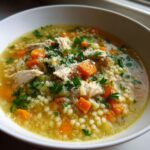 A close-up of a warm bowl of penicillin soup featuring shredded chicken, Israeli couscous, carrots, and fresh parsley garnish.