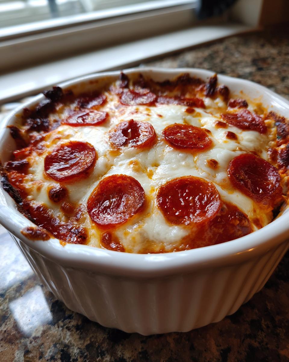 Close-up of a bubbling pepperoni cottage cheese pizza bowl with melted mozzarella cheese.