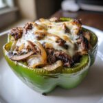 Close-up of a green bell pepper stuffed with steak, onions, mushrooms, and melted provolone cheese, a perfect philly cheesesteak stuffed pepper.