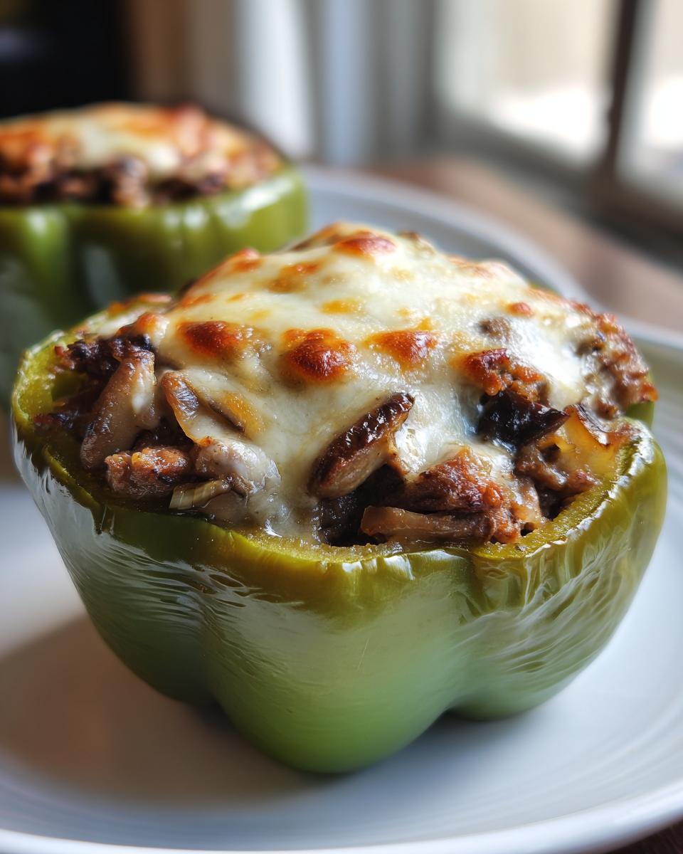 Close-up of a baked green bell pepper filled with steak and onions, topped with melted, browned cheese for philly cheesesteak stuffed peppers.
