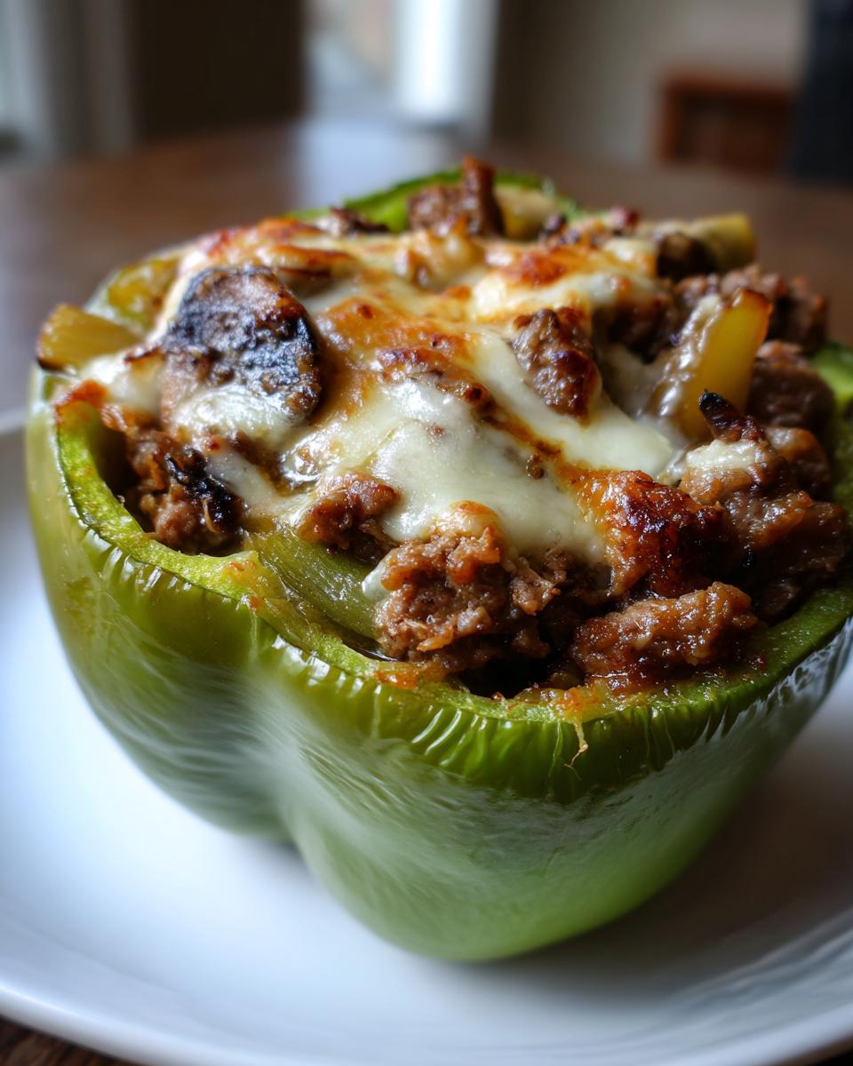 A close-up of a baked green bell pepper filled with seasoned ground beef and topped with melted cheese, ready to eat as philly cheesesteak stuffed peppers.