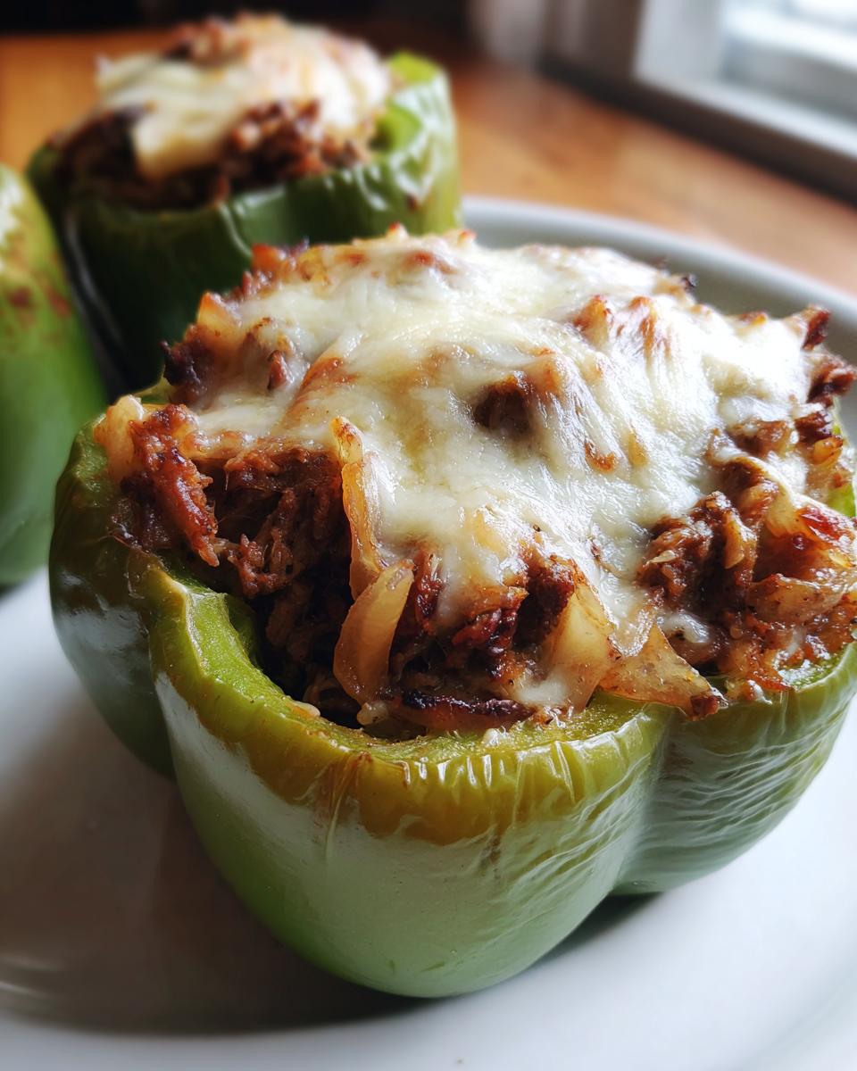 Close-up of a baked green bell pepper filled with cheesesteak mixture and topped with melted white cheese, a perfect philly cheesesteak stuffed peppers.