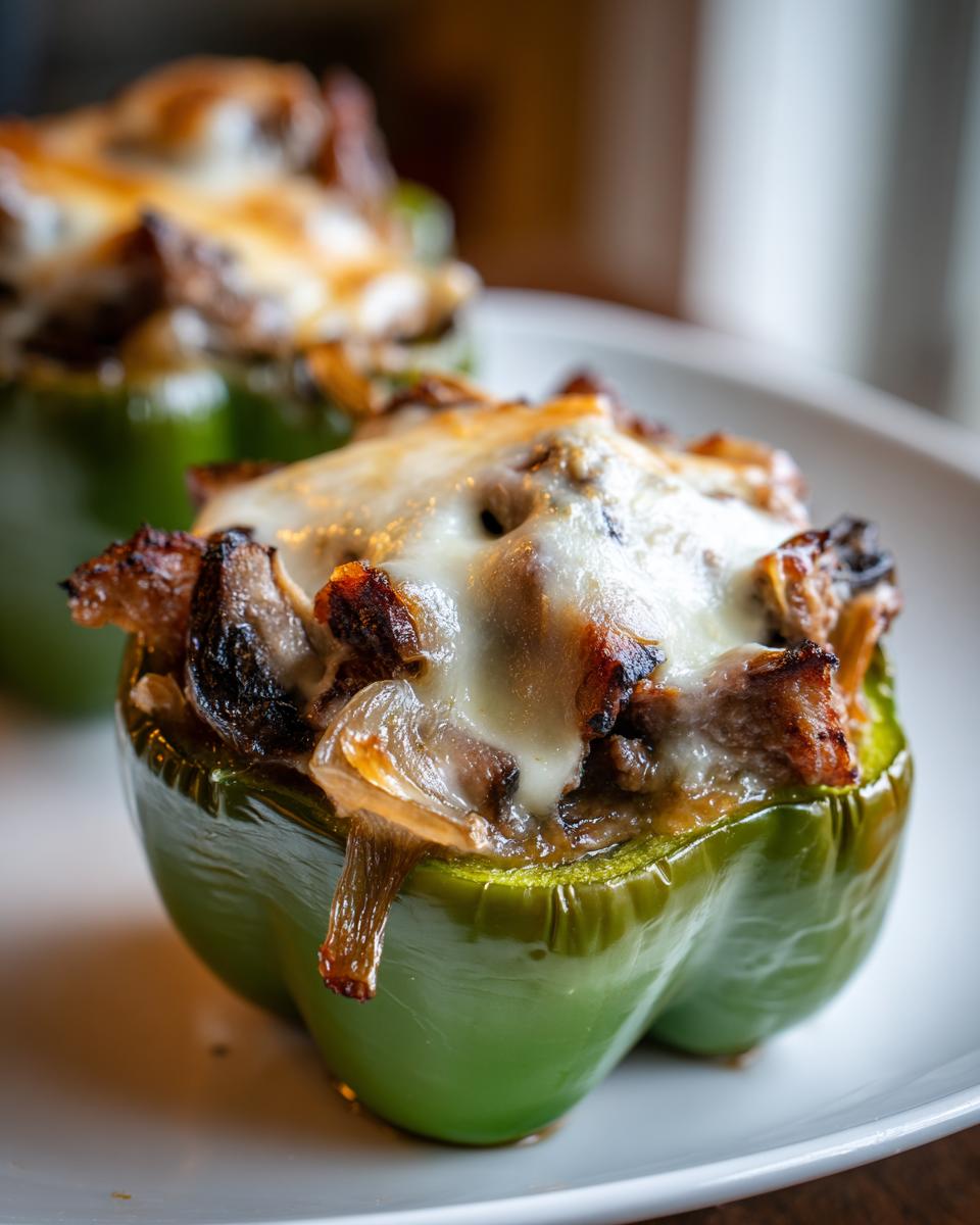 Close-up of a green bell pepper stuffed with steak, onions, and topped with melted white cheese, ready to eat philly cheesesteak stuffed peppers.