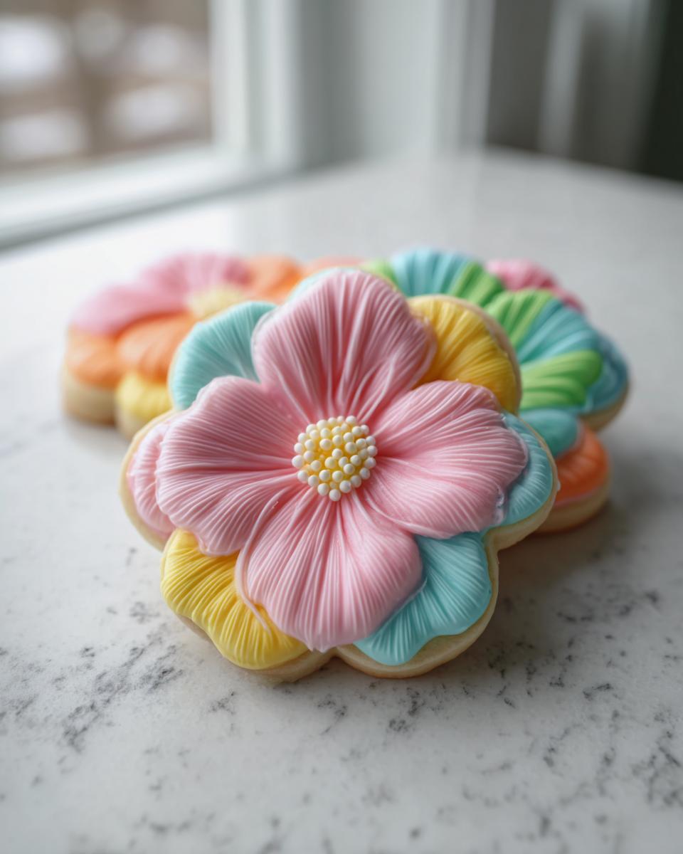 Close-up of a beautifully decorated pink Flower Sugar Cookie with textured icing petals and yellow bead center.